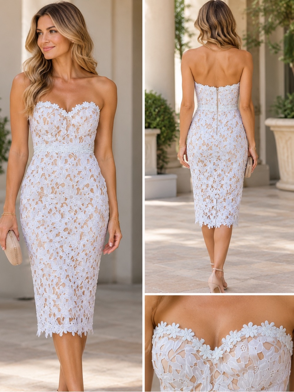 Lulus White Floral Lace Strapless Midi Dress Nude Lining XS Wedding Bridal